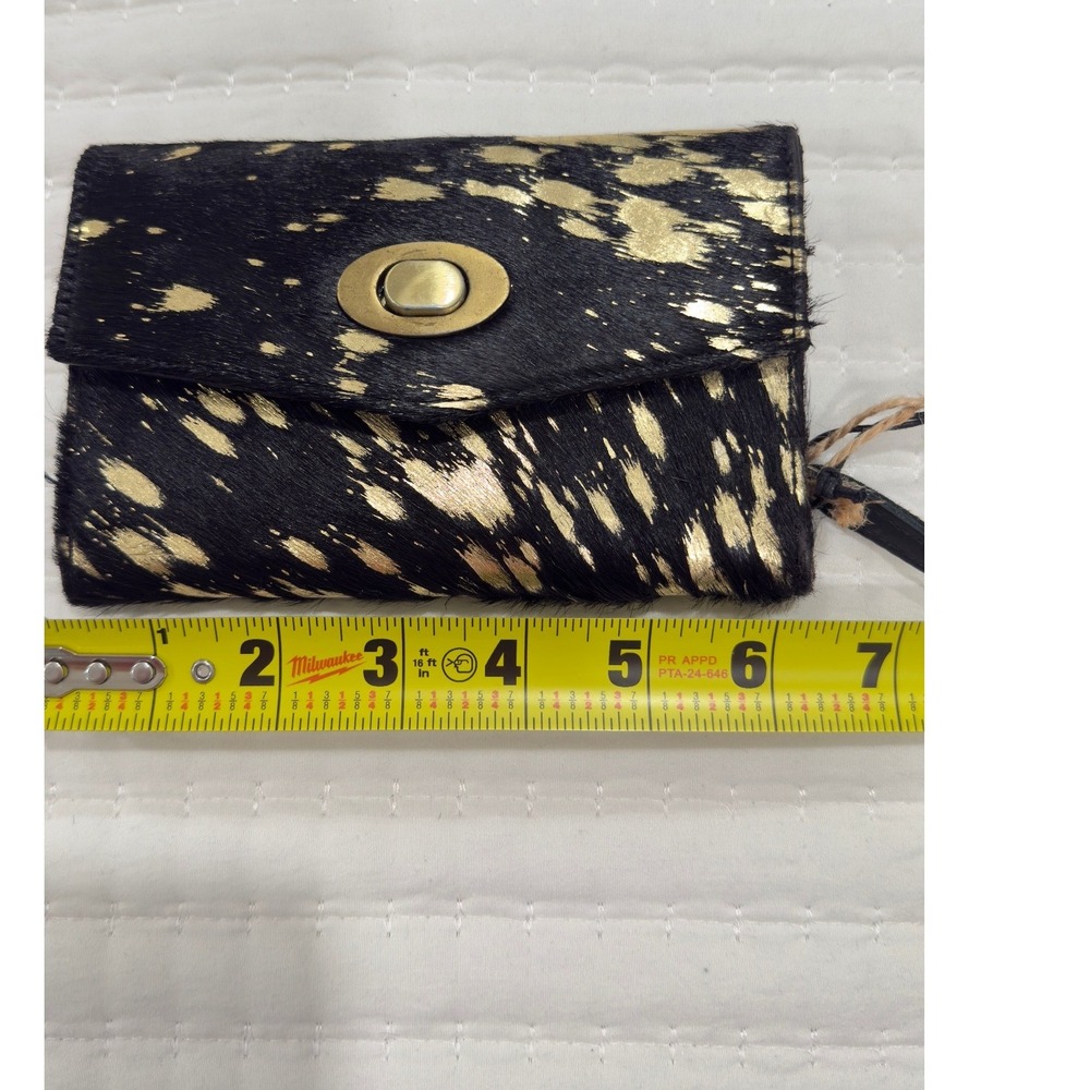 Myra Bag Cowhide Wallet Black Gold Metallic Hair On Hide RFID Trifold Turn Lock - Picture 9 of 9